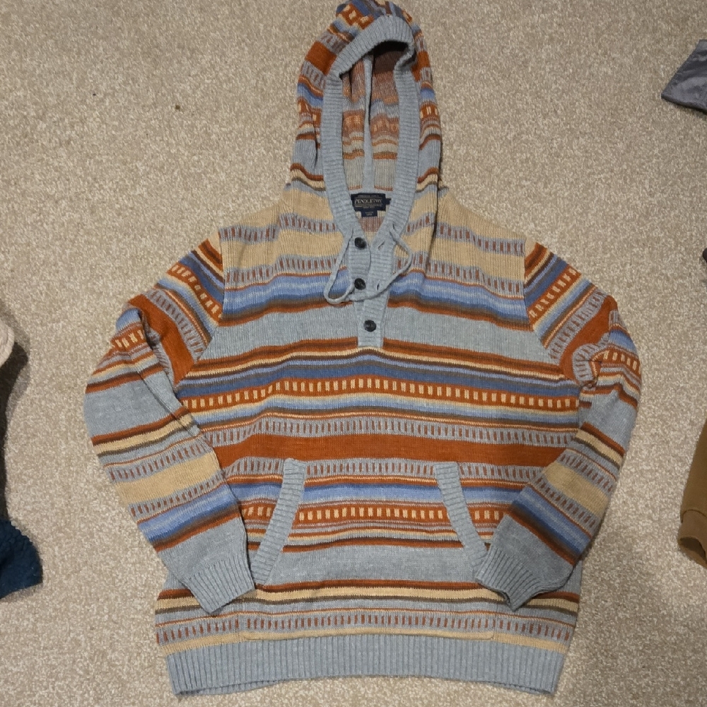 Pendleton Blue and Orange Striped Hooded Sweater